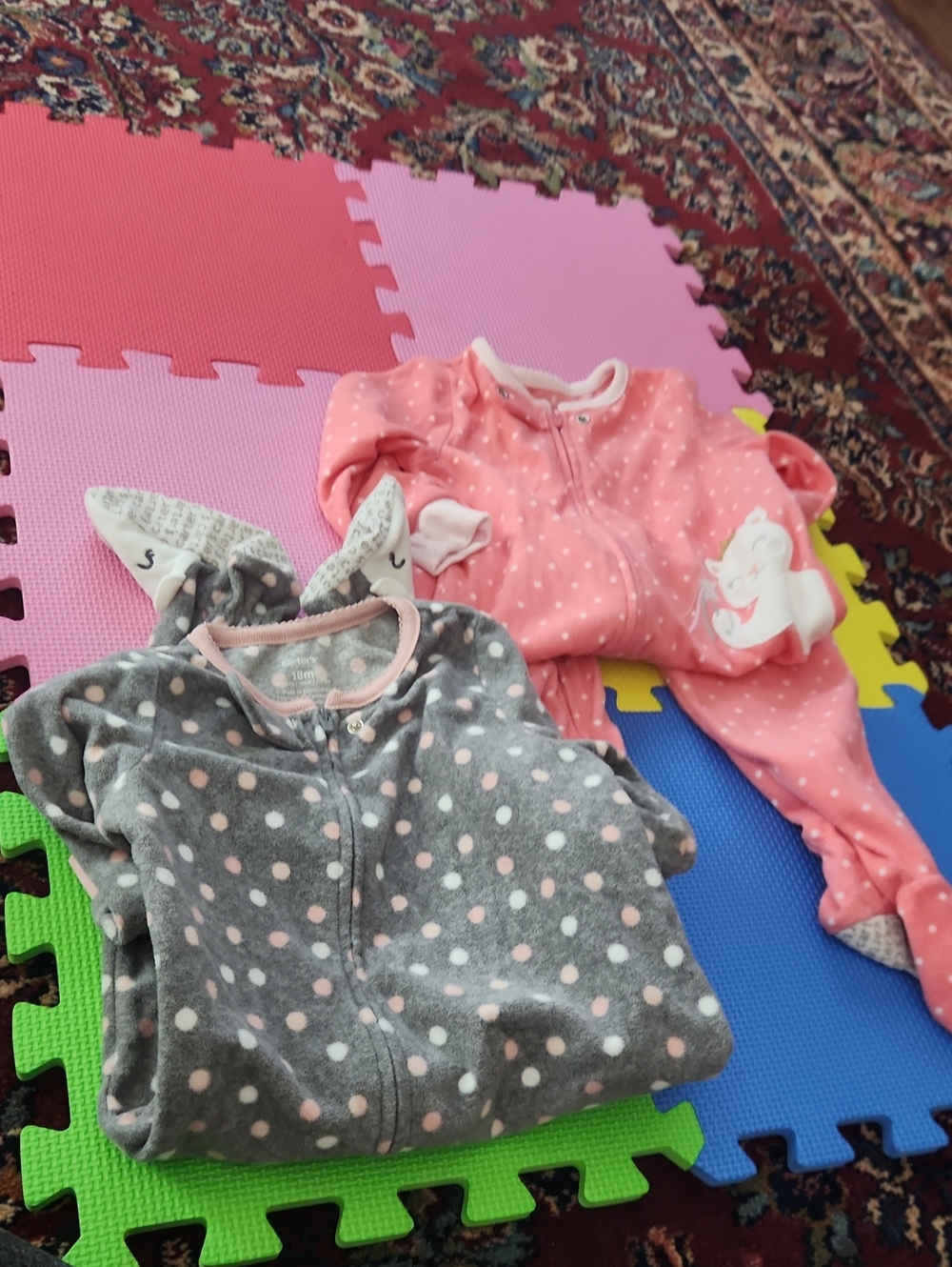 Carter's Pink & Gray Polka Dot Fleece Footed One-Pieces